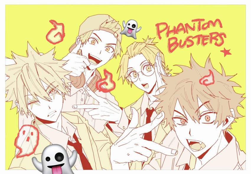 4boys, emoji, eugene_korekishi, fangs, flat_cap, glasses, hair_pulled_back, hat, headphones, headphones_around_neck, highres, kanzaki_kaoru, kotaro_tamon, male_focus, mogari_shishikuno, monochrome, multiple_boys, ogx888, phantom_busters, portrait, short_hair, smile, spiky_hair, teeth, thumbs_up, v, yellow_background