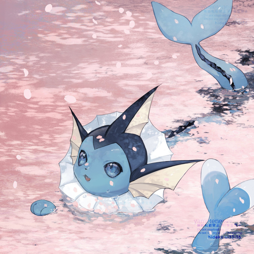 artist_name, blue_eyes, brionne, commentary, falling_petals, fangs, fins, fish_tail