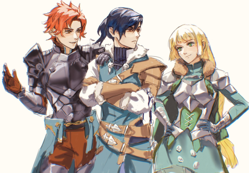 armor, bikini_boody, blonde_hair, blue_hair, brown_eyes, felix_hugo_fraldarius, felix_hugo_fraldarius_(timeskip), fire_emblem, fire_emblem:_three_houses, green_eyes, highres, ingrid_brandl_galatea, ingrid_brandl_galatea_(timeskip), orange_hair, sylvain_jose_gautier, sylvain_jose_gautier_(timeskip)