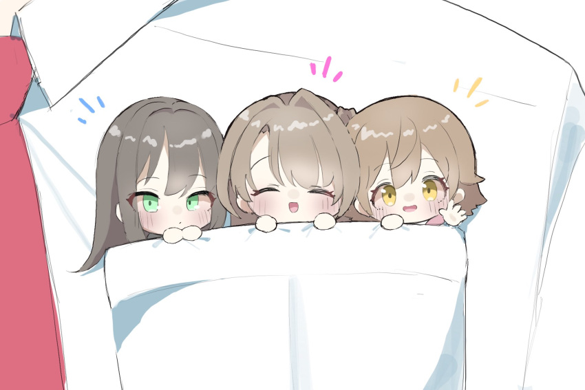 1boy, 3girls, ^_^, blush, chibi, closed_eyes, commentary_request, dress_shirt