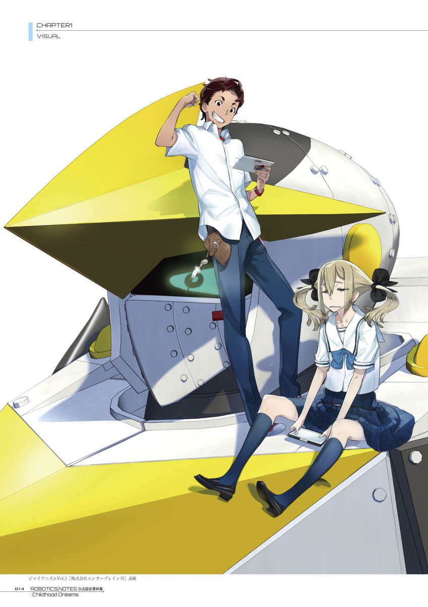 1boy, 1girl, belt_pouch, between_legs, black_bow, black_shoes, blonde_hair, blue_bow