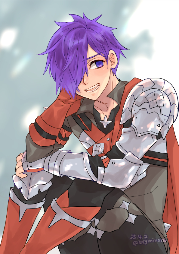 1boy, armor, boots, bryminoru, fire_emblem, fire_emblem:_three_houses, fire_emblem_warriors:_three_hopes, gloves, male_shez_(fire_emblem), messy_hair, orange_trim, purple_hair, shoulder_armor, silver_armor, solo, spiky_hair, violet_eyes