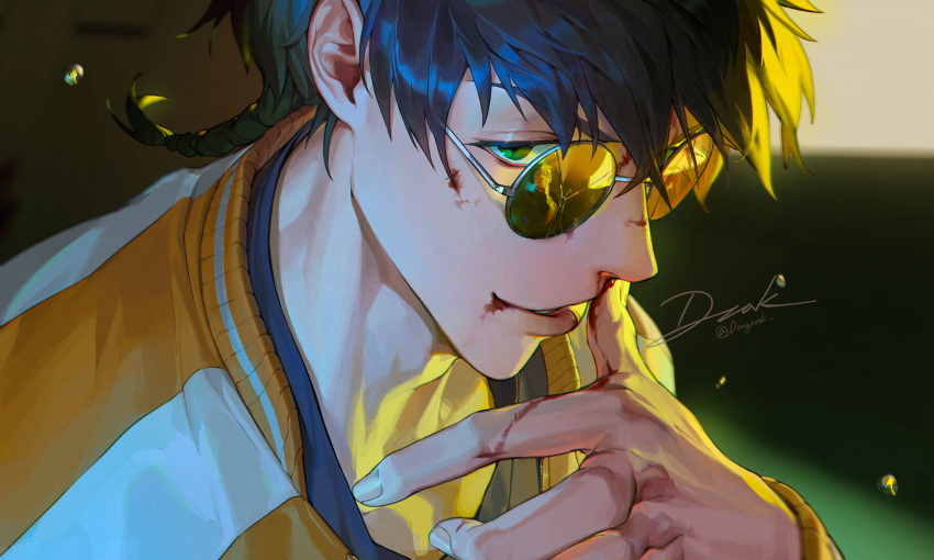 1boy, absurdres, black_hair, blood, blood_on_face, blood_on_hands, broken_eyewear, bruise