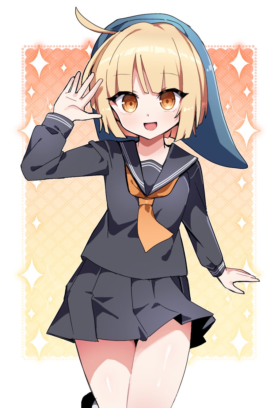 1girl, ahoge, avadahoi, avalona, black_serafuku, black_skirt, blonde_hair, blue_hood, highres, long_sleeves, looking_at_viewer, neckerchief, open_mouth, pleated_skirt, randal's_friends, red_neckerchief, school_uniform, serafuku, short_hair, skirt, smile, solo, waving, yellow_eyes