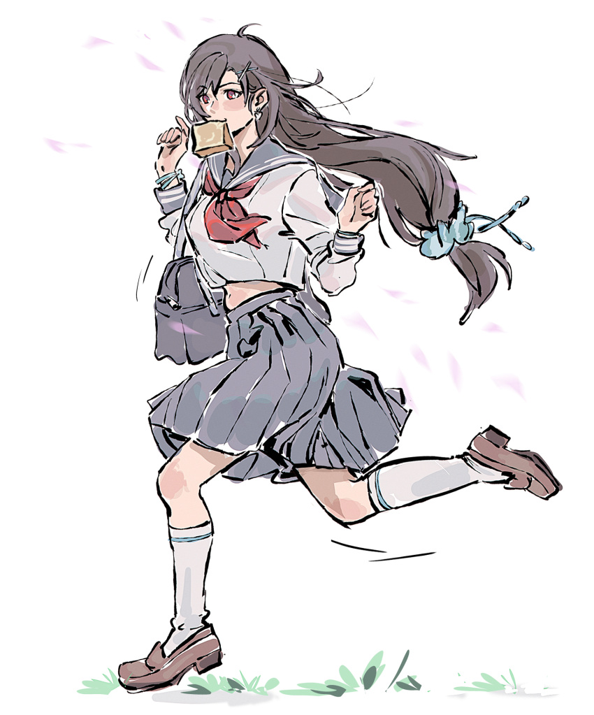 1girl, black_hair, blue_sailor_collar, bread, bread_slice, brown_shoes, final_fantasy, final_fantasy_vii