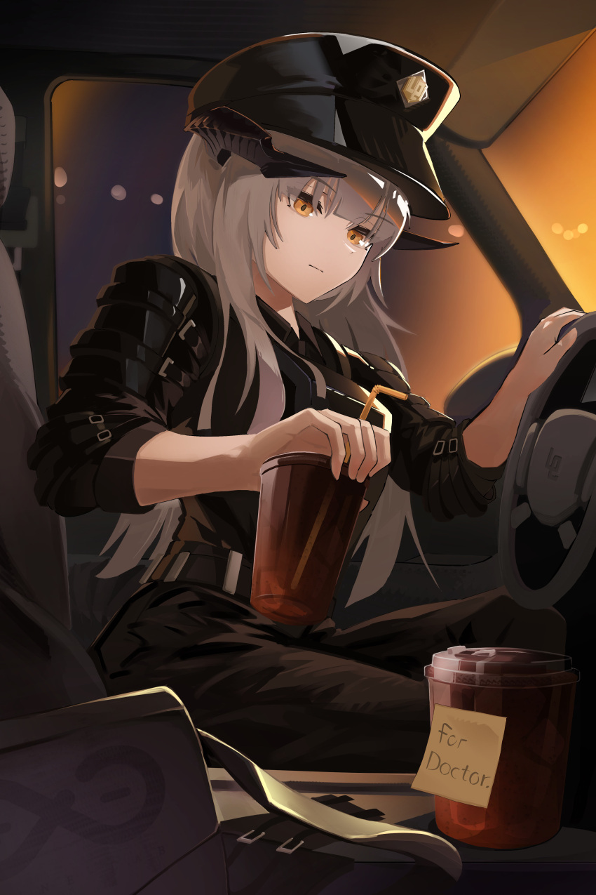 1girl, absurdres, arknights, black_hat, black_jacket, black_pants, closed_mouth, colored_eyelashes