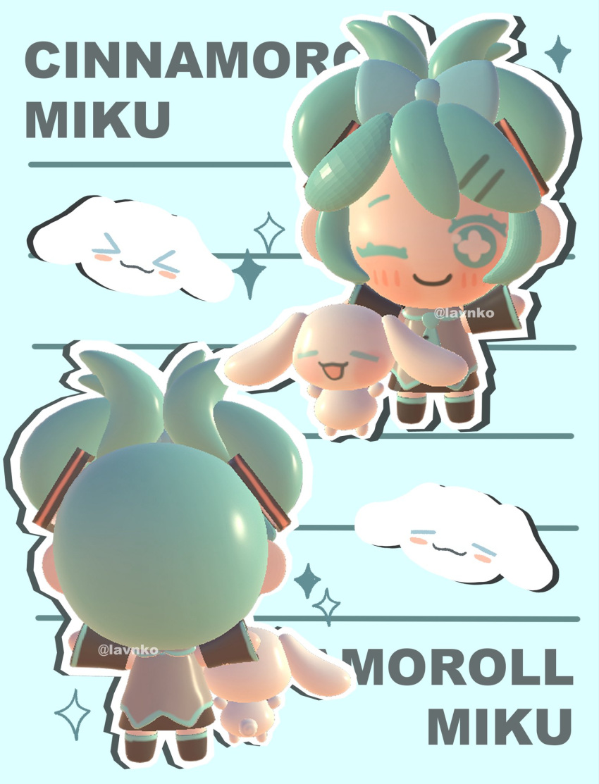 1girl, 3d, bow, chibi, chibi_only, cinnamoroll, commentary, detached_sleeves, dog, fuwa_fuwa_cinnamoroll, hair_bow, hair_ornament, hairclip, hatsune_miku, highres, lavy_(lavnko), official_alternate_hairstyle, one_eye_closed, outline, sanrio, skirt, smile, vocaloid, white_outline