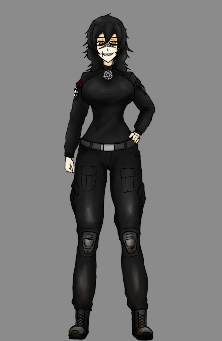 1girl, absurdres, anastasia_khachula, atom, atomwaffen, belt, belt_buckle, black_belt