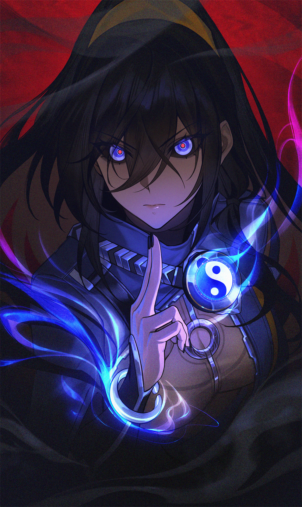 1girl, black_hair, black_nails, blue_eyes, breasts, closed_mouth, fingernails, glowing