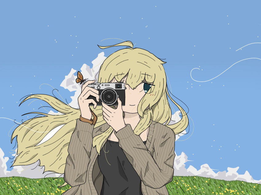 1girl, blonde_hair, blue_hair, blue_shirt, blue_sky, bug, butterfly, butterfly_on_hand