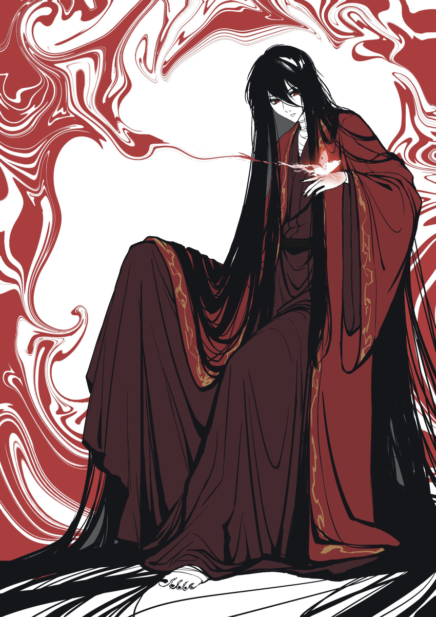 1boy, absurdly_long_hair, absurdres, bandaged_foot, bandaged_neck, bandages, barefoot, black_hair