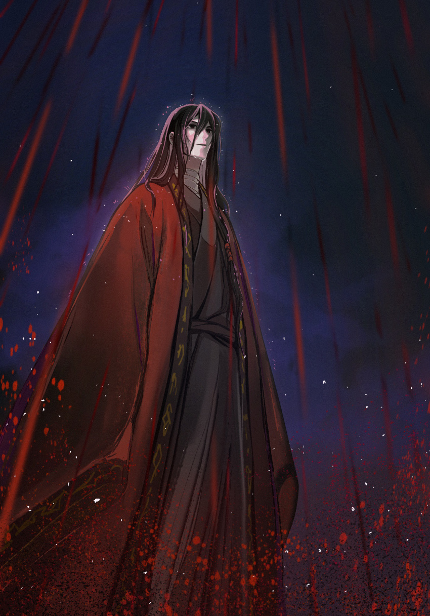 1boy, bandaged_neck, bandages, bishounen, black_eyes, black_hair, black_hanfu, blood