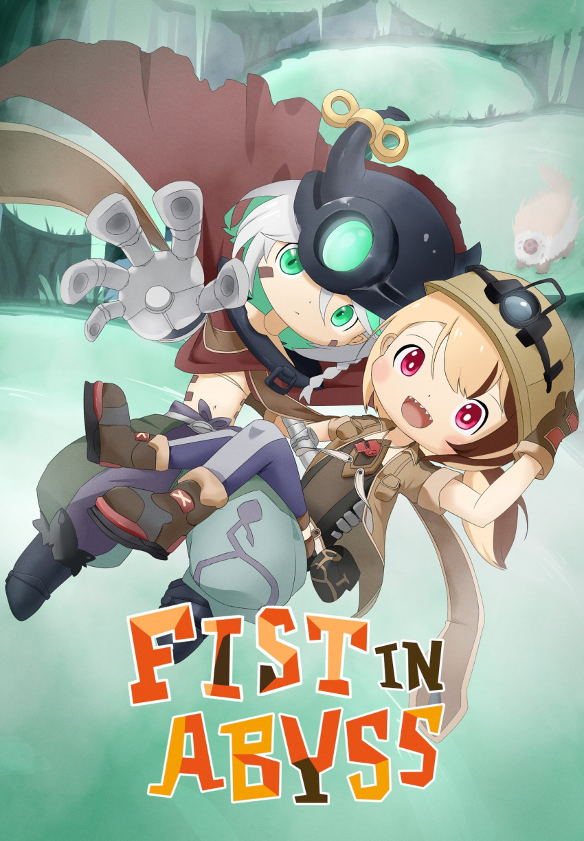 2girls, :d, baggy_pants, black_hat, brown_gloves, brown_hair, cape, carrying, colored_inner_hair, commentary, cosplay, deevious_deevi, english_commentary, english_text, fake_horns, gloves, green_eyes, green_hair, grey_hair, hard_hat, hat, headlamp, helmet, highres, hololive, hololive_english, horned_helmet, horns, logo_parody, looking_at_viewer, made_in_abyss, mechanical_arms, mining_helmet, multicolored_hair, multiple_girls, navel, outstretched_arms, pants, princess_carry, red_cape, reg_(made_in_abyss), reg_(made_in_abyss)_(cosplay), riko_(made_in_abyss), riko_(made_in_abyss)_(cosplay), sharp_teeth, short_hair, smile, streaked_hair, teeth, twintails, virtual_youtuber, whistle, whistle_around_neck, winding_key, yellow_hat