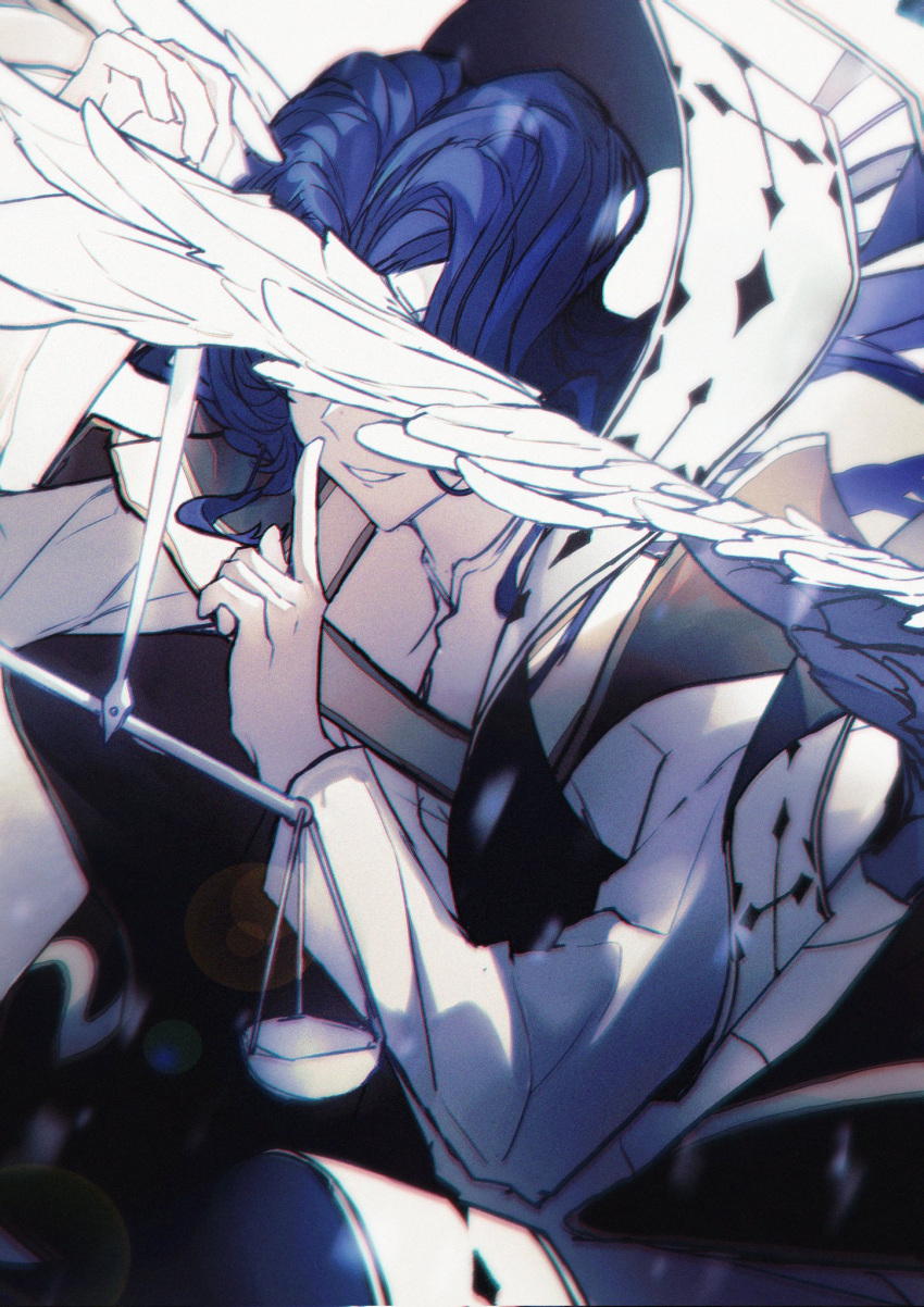 1boy, arm_up, blue_hair, chest_strap, collared_shirt, commentary, covered_eyes, demon_(megami_tensei)