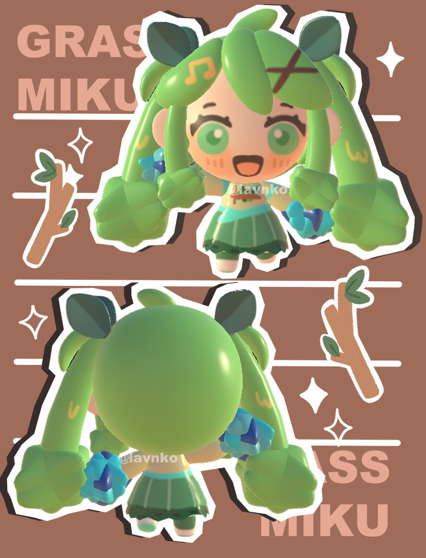 1girl, 3d, absurdres, blush, chibi, chibi_only, grass_miku_(project_voltage), green_eyes