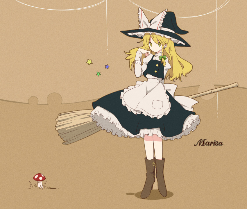 arm_behind_back, bamboo_broom, blonde_hair, boots, braid, broom, character_name, earrings