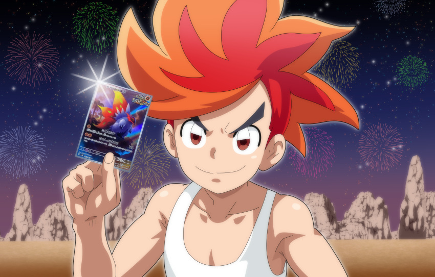 1boy, absurdres, aerial_fireworks, benga_(pokemon), card, collarbone, duel_masters, fireworks, highres, hitokiwa_kenchin, holding, holding_card, kobayashi_yumiko, looking_at_viewer, male_focus, multicolored_hair, orange_hair, pokemon, pokemon_bw2, pokemon_tcg, red_eyes, red_hair, shirt, sleeveless, sleeveless_shirt, slither_wing, solo, two-tone_hair, voice_actor_connection, white_shirt