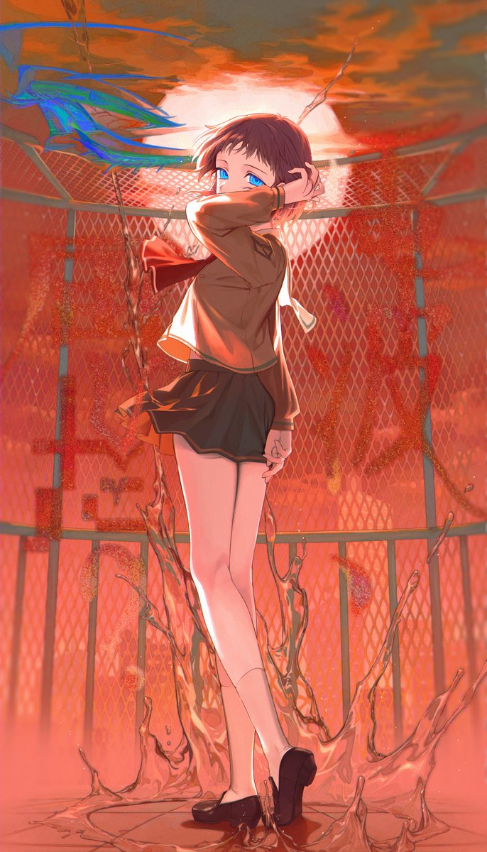 1girl, blue_eyes, brown_hair, chain-link_fence, fence, full_body, highres, looking_at_viewer