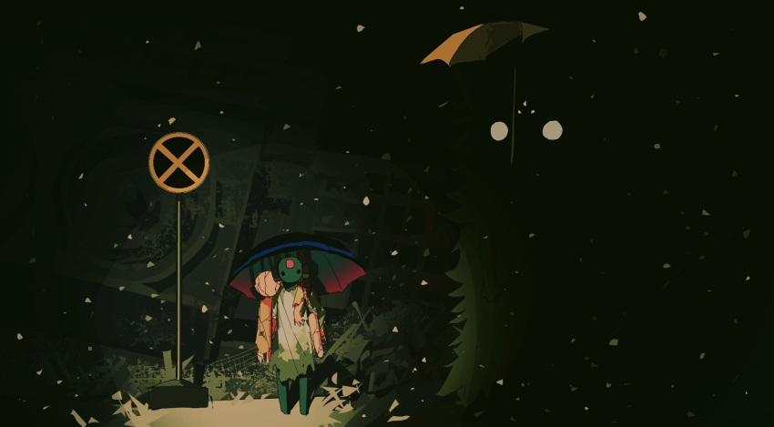 1boy, 1girl, androgynous, barefoot, blue_skin, blue_umbrella, broken, bus_stop