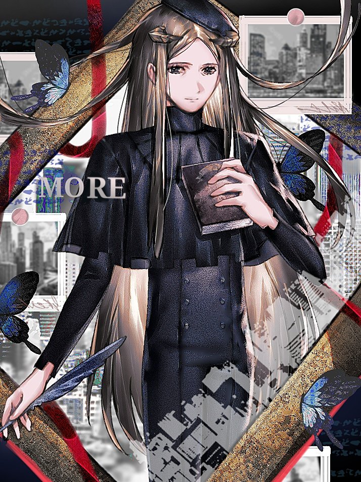 1boy, arm_up, beret, black_eyes, black_hat, black_shrug, blonde_hair, blue_butterfly