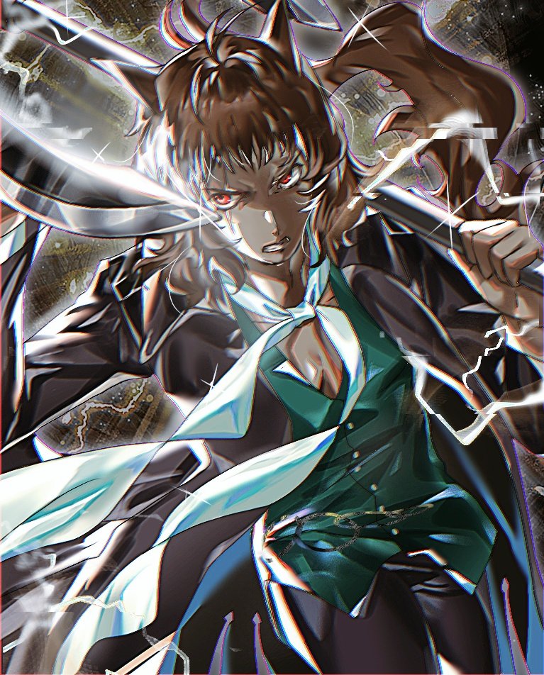 1boy, animal_ears, axe, basilio_(metaphor:_refantazio), black_coat, black_pants, brown_hair, buttons