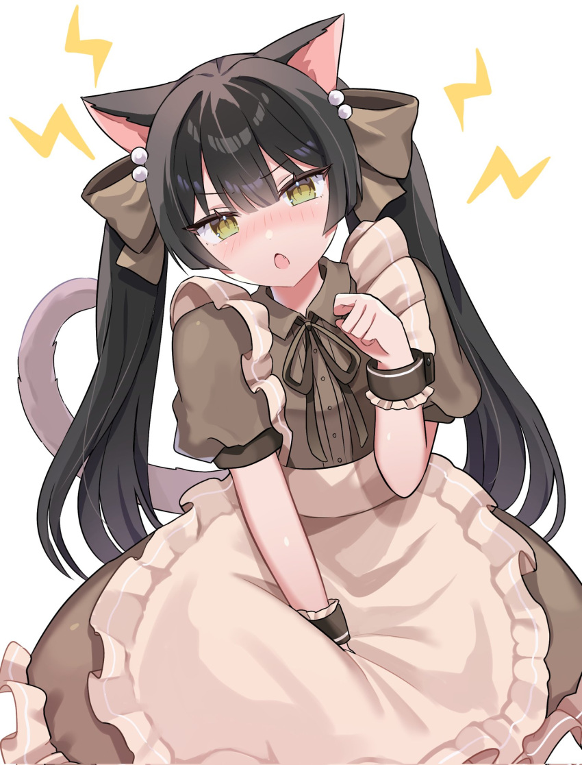 1girl, alternate_costume, animal_ears, apron, arm_between_legs, beads, black_hair, blush