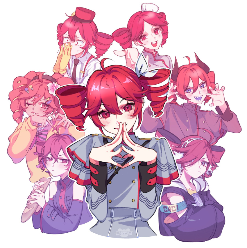 6+girls, ahoge, alternate_costume, baguette, belt, black_belt, black_bow, black_bowtie