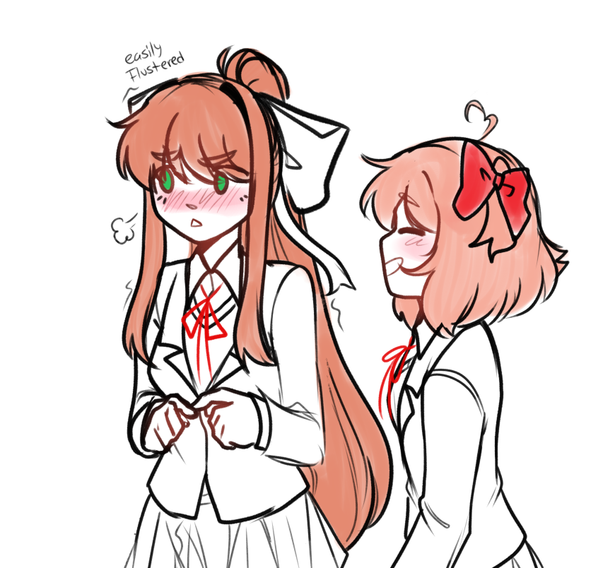 ahoge, blush, bow, doki_doki_literature_club, doki_doki_literature_club_school_uniform, english_text, feet_out_of_frame, flustered