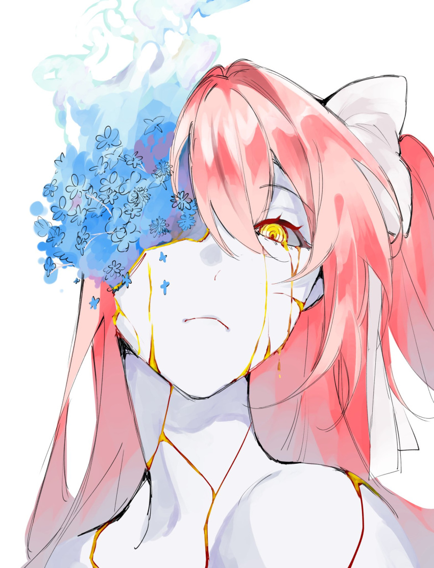 1girl, @_@, bo4turtle, bow, broken, closed_mouth, flower, from_above, goddess_madoka, hair_bow, highres, hollow_body, kaname_madoka, long_hair, looking_at_viewer, looking_down, mahou_shoujo_madoka_magica, pink_flower, pink_hair, portrait, side_ponytail, simple_background, solo, white_background, white_bow, yellow_eyes
