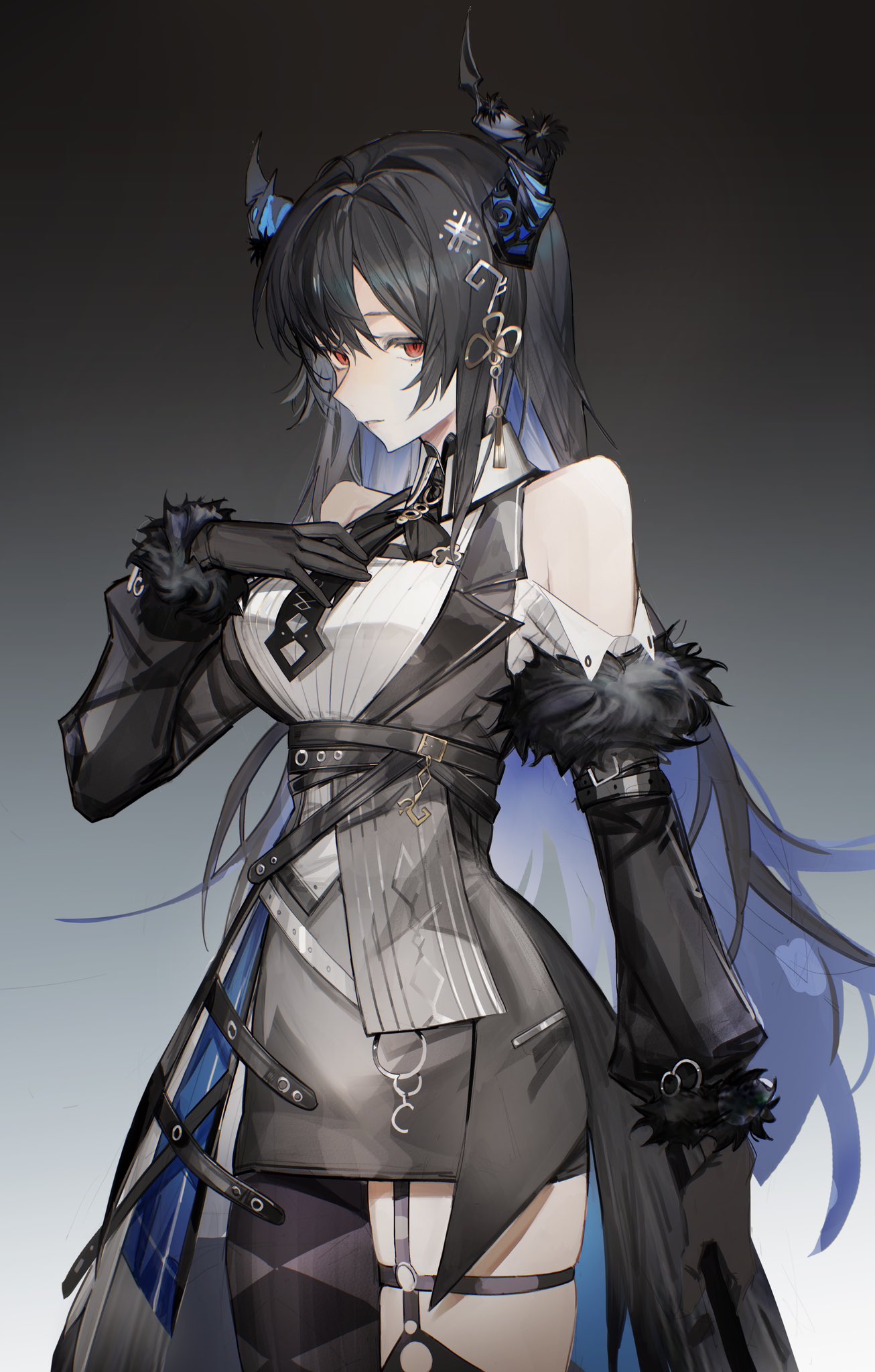 1girl, asymmetrical_horns, asymmetrical_legwear, black_gloves, black_hair, black_necktie, black_skirt, black_vest