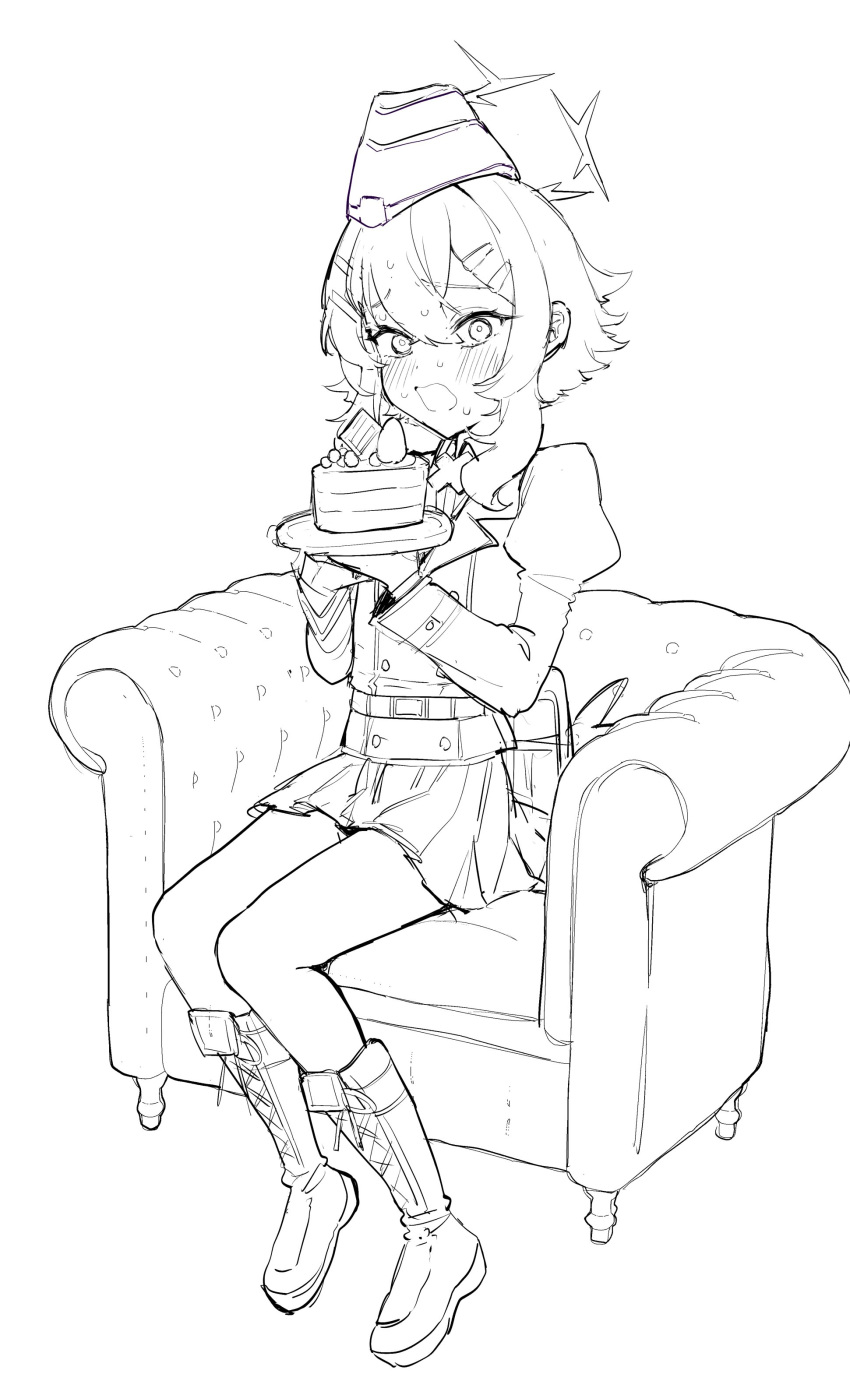 1girl, absurdres, blue_archive, blush, boots, cake, cake_slice, food