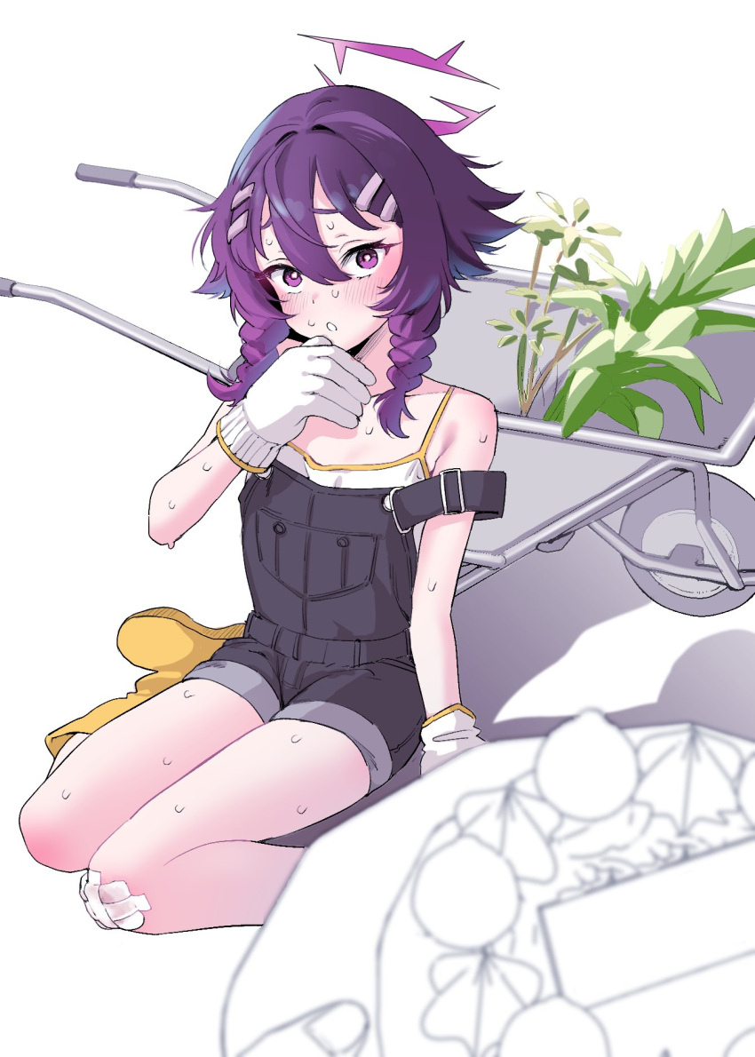 1girl, black_shorts, blue_archive, boots, cake, food, gauze, gauze_on_knee
