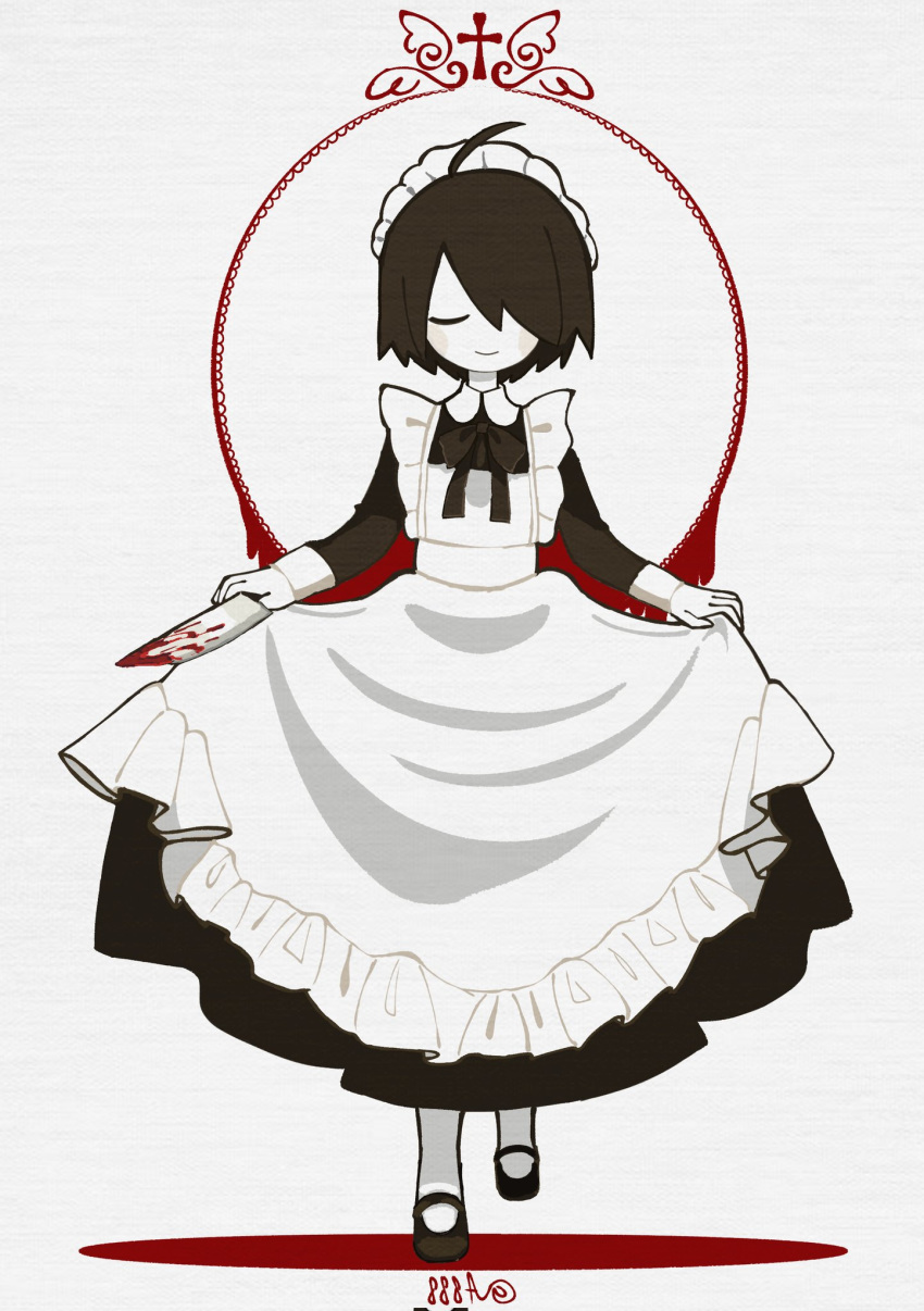 1boy, ahoge, apron, awawah88, black_dress, black_hair, black_ribbon, black_sandals, blood, blood_on_knife, blush_stickers, closed_eyes, closed_mouth, clothes_lift, cross, crossdressing, dress, dress_lift, frilled_apron, frills, funamusea, hair_over_one_eye, highres, holding, holding_knife, knife, kurai_shinya, leg_up, maid, maid_apron, maid_day, maid_headdress, male_focus, mogeko_castle, ribbon, sandals, short_hair, signature, simple_background, solo, white_apron, white_background