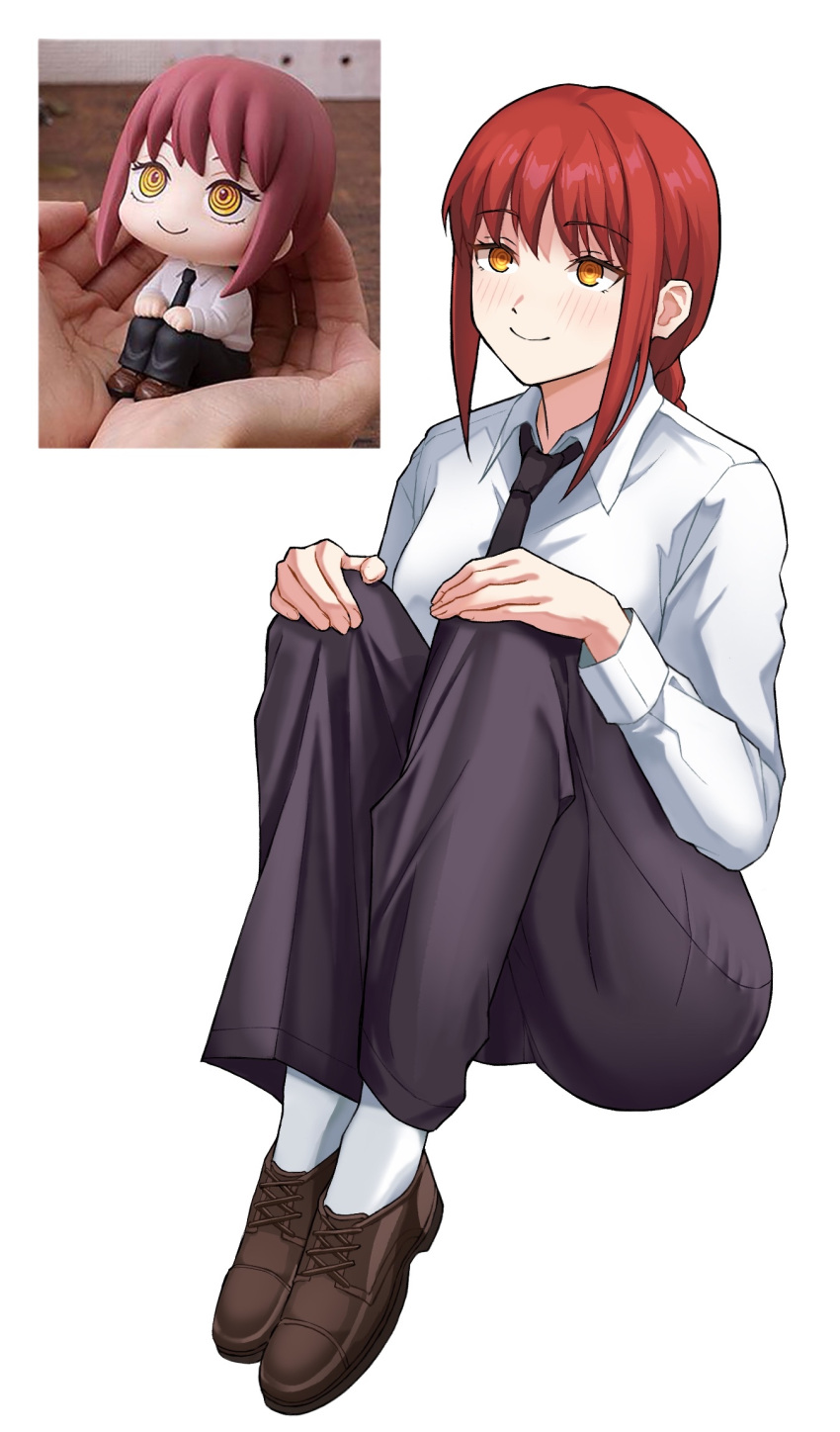 1girl, black_necktie, black_pants, brown_shoes, chainsaw_man, closed_mouth, collared_shirt, dress_shoes