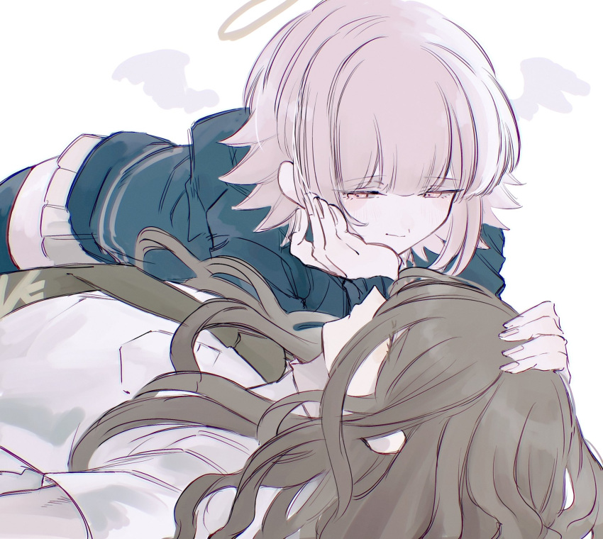 1boy, 1girl, black_jacket, black_thighhighs, breast_pocket, brown_hair, danganronpa_(series), danganronpa_2:_goodbye_despair, flipped_hair, from_side, green_necktie, half-closed_eyes, halo, highres, jacket, kamukura_izuru, long_hair, long_sleeves, miniskirt, nanami_chiaki, necktie, pink_eyes, pink_hair, pleated_skirt, pocket, profile, sagara_(2332kcal), shirt, short_sleeves, skirt, smile, spiky_hair, thigh-highs, white_shirt, wings