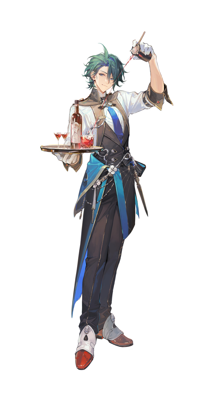 1boy, absurdres, ahoge, alcohol, argos_(silver_palace), asymmetrical_footwear, blue_eyes, blue_necktie
