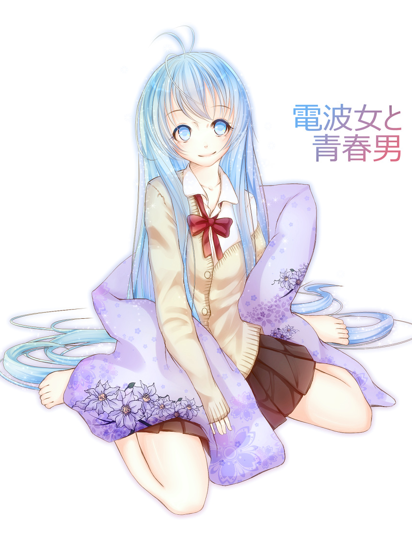 bad_id, barefoot, blue_eyes, blue_hair, bow, denpa_onna_to_seishun_otoko, feet, futon