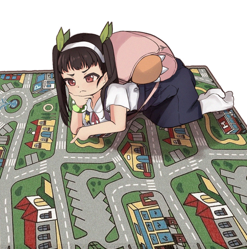 1girl, all_fours, backpack, bag, bakemonogatari, black_hair, city_rug, closed_mouth, commentary, english_commentary, full_body, green_ribbon, hachikuji_mayoi, hair_ribbon, hairband, hand_on_own_chin, highres, light_frown, long_hair, meemz_a, monogatari_(series), neck_ribbon, no_shoes, pink_bag, pointing, red_eyes, red_ribbon, ribbon, rug, school_uniform, shirt, short_sleeves, skirt, socks, solo, star_(symbol), stroking_own_chin, suspender_skirt, suspenders, twintails, v-shaped_eyebrows, white_background, white_hairband, white_shirt, white_socks