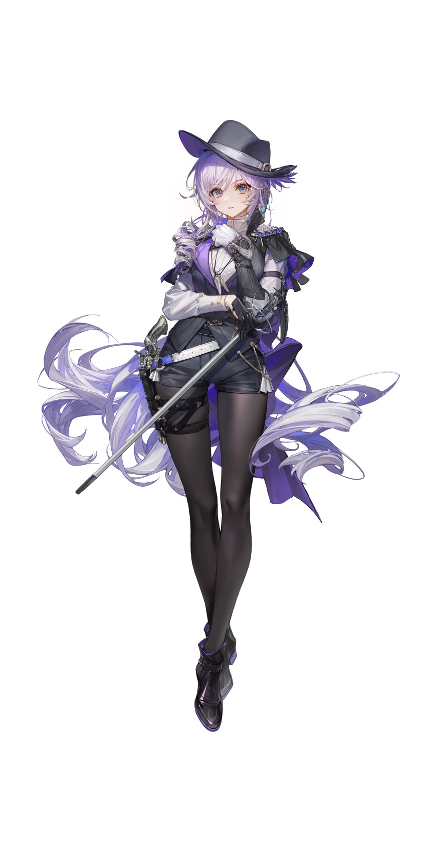 1girl, absurdres, armor, asymmetrical_gloves, black_gloves, black_pantyhose, blue_eyes, detective_(silver_palace), fedora, female_detective_(silver_palace), gloves, greaves, gun, hat, highres, holding, holding_sword, holding_weapon, holster, jewelry, long_hair, necklace, official_art, pantyhose, purple_hair, rapier, revolver, shoes, shorts, silver_palace, solo, sword, thigh_holster, weapon, white_gloves