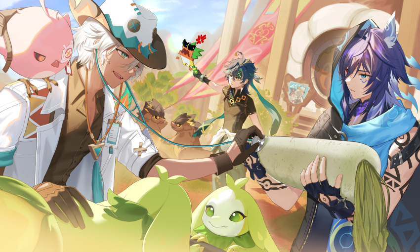 3boys, absurdres, ajaw_(genshin_impact), anger_vein, animal_ears, arm_tattoo, bat_boy, bat_ears, black_gloves, black_hair, black_jacket, black_shirt, blue_eyes, blue_scarf, bracelet, brown_gloves, bush, cacucu, coat, cowboy_hat, creature, creature_on_shoulder, dark-skinned_male, dark_skin, day, dutch_angle, ear_piercing, earrings, english_commentary, facial_mark, feathers, fingerless_gloves, food, genshin_impact, glove_cutout, gloves, green_eyes, green_headband, green_pants, hair_between_eyes, hand_tattoo, hat, headband, heterochromia, highres, holding, holding_creature, holding_food, hood, hood_up, hooded_jacket, ifa_(genshin_impact), jacket, jewelry, kawausoman, kinich_(genshin_impact), looking_at_another, male_focus, medium_hair, multiple_boys, nervous_smile, official_art, on_shoulder, open_clothes, open_coat, open_mouth, orange_eyes, ororon_(genshin_impact), outdoors, pants, parted_lips, piercing, purple_hair, radish, scarf, second-party_source, shirt, short_hair, short_sleeves, sleeves_rolled_up, smile, spiked_ear_piercing, sweat, tattoo, teeth, tepetlisaurus_(genshin_impact), upper_teeth_only, violet_eyes, white_coat, white_hair, white_hat, yumkasaurus_(genshin_impact)