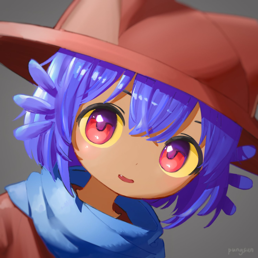 1other, animal_hat, blue_scarf, bob_cut, brown_hat, brown_shirt, cat_hat, colored_sclera, dark_skin, double-parted_bangs, dutch_angle, eyebrows_hidden_by_hair, fang, grey_background, hair_between_eyes, hashtag-only_commentary, hat, highres, looking_at_viewer, niko_(oneshot), oneshot_(game), open_mouth, other_focus, portrait, pungsun, purple_hair, red_eyes, scarf, shirt, short_hair, simple_background, smile, solo, yellow_sclera