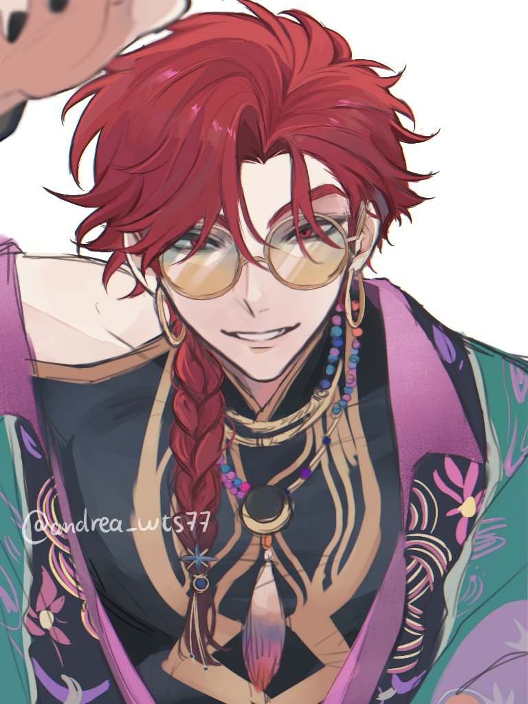 1boy, alternate_costume, andrea_wts77, arm_up, black_nails, black_shirt, blurry, braid