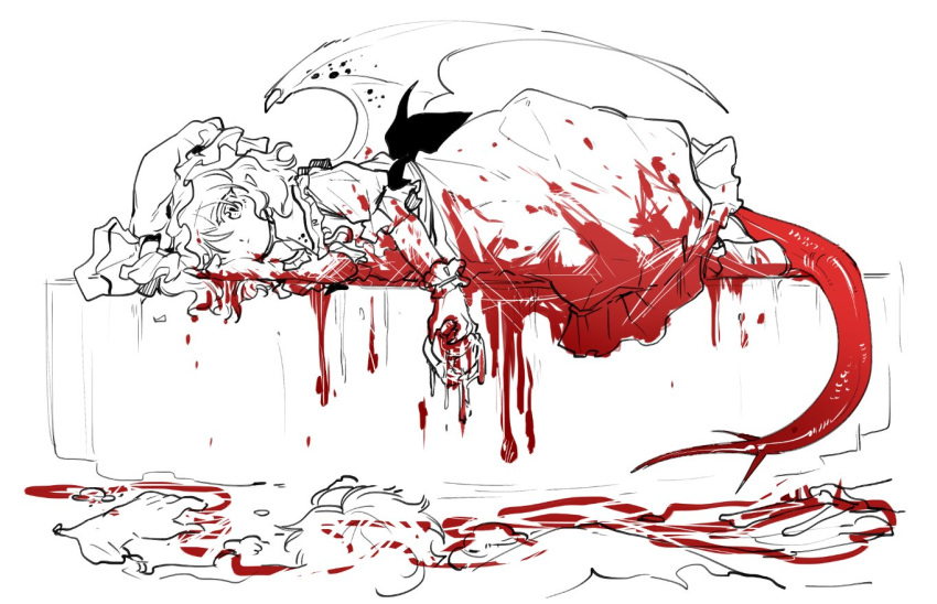 1girl, bat_wings, blood, chinese_commentary, collared_shirt, frilled_shirt_collar, frills, gloves, hair_between_eyes, hat, hat_ribbon, jiyouer, looking_at_viewer, mob_cap, monochrome, puffy_short_sleeves, puffy_sleeves, remilia_scarlet, ribbon, shirt, short_sleeves, simple_background, skirt, skirt_set, solo, touhou, white_background, wings