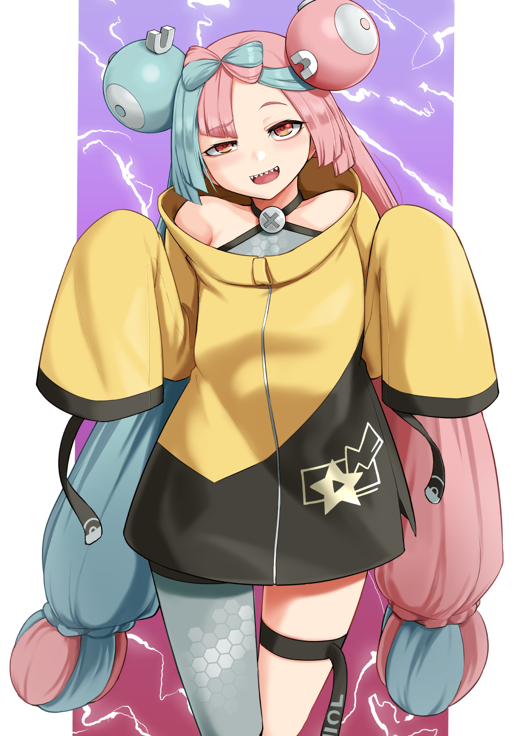 1girl, aqua_hair, asymmetrical_bangs, baketsuya, bare_shoulders, bow-shaped_hair, character_hair_ornament, commentary