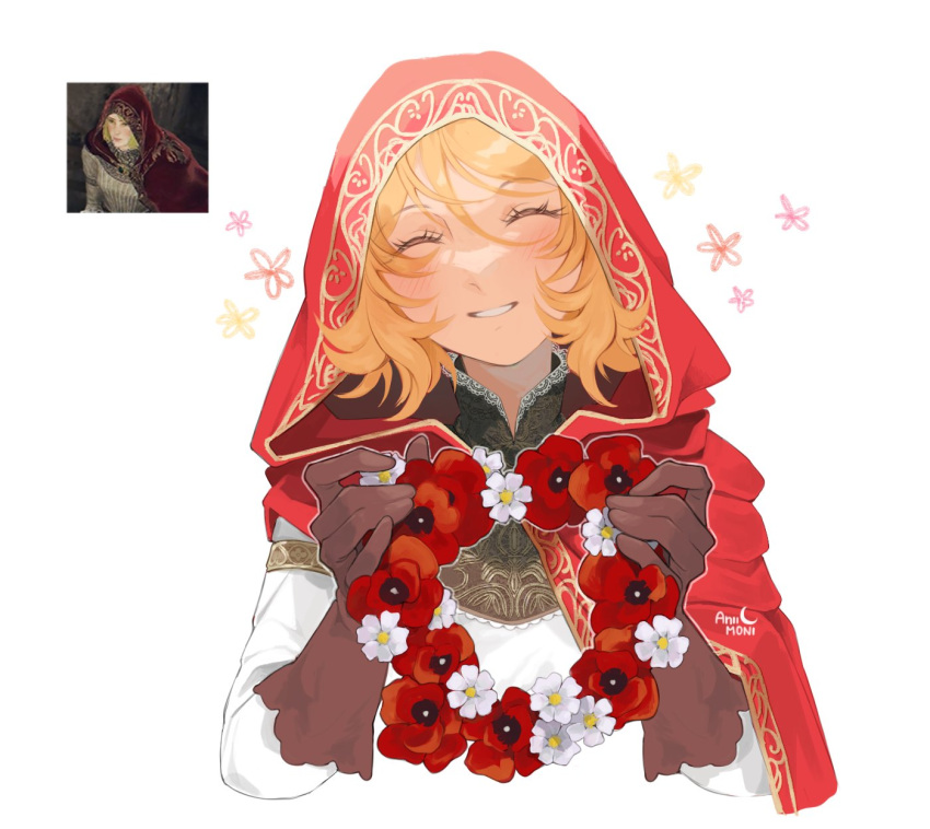 1girl, aniimoni1, artist_name, blonde_hair, blush, brown_gloves, cloak, closed_eyes