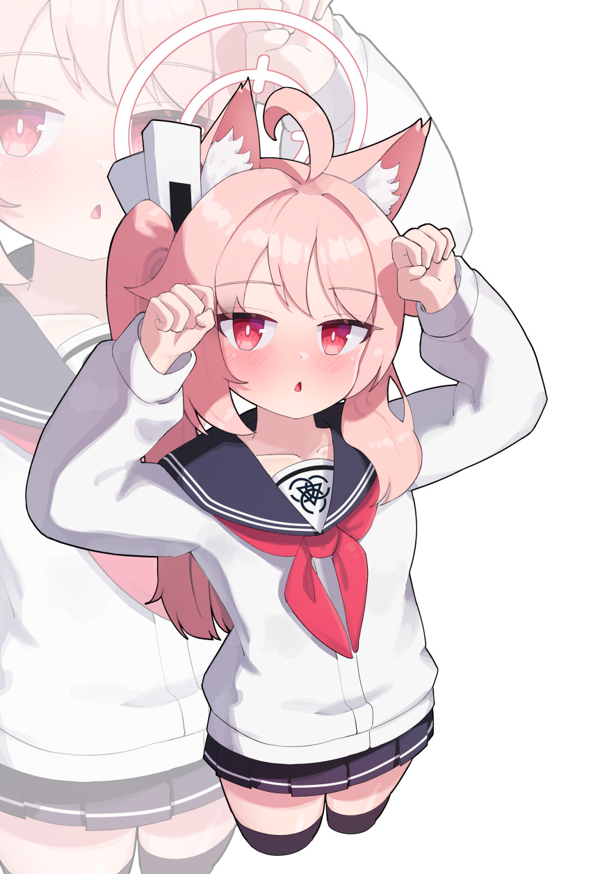 1girl, absurdres, ahoge, animal_ear_fluff, animal_ears, black_skirt, black_thighhighs, blue_archive, blue_sailor_collar, bright_pupils, cardigan, cat_ears, collarbone, commentary_request, cropped_legs, from_above, highres, light_blush, long_hair, long_sleeves, looking_at_viewer, miniskirt, natsu_(blue_archive), neckerchief, open_mouth, paw_pose, pink_hair, pleated_skirt, puffy_long_sleeves, puffy_sleeves, red_eyes, red_neckerchief, sailor_collar, sanbi1313, side_ponytail, sidelocks, skirt, thigh-highs, triangle_mouth, white_background, white_cardigan, white_pupils, zoom_layer