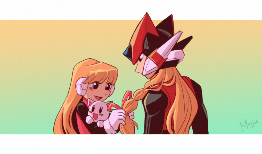 1boy, 1girl, alouette_(mega_man), armor, black_eyes, blonde_hair, blue_eyes, blush_stickers