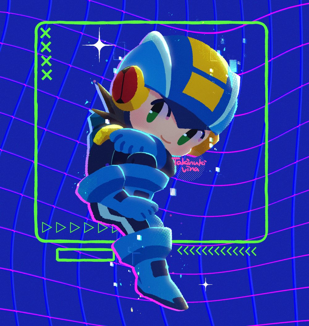 1boy, artist_name, blue_bodysuit, blue_helmet, bodysuit, chibi, full_body, green_eyes, helmet, male_focus, mega_man_(series), mega_man_battle_network_(series), megaman.exe, netnavi, solo, vina_comeco