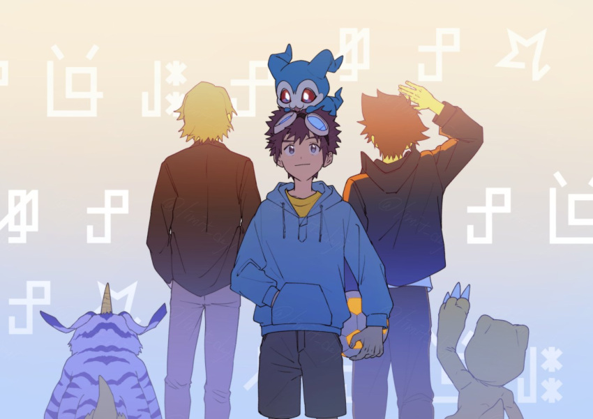 3boys, agumon, ball, black_jacket, blonde_hair, blue_hoodie, brown_hair, chibimon