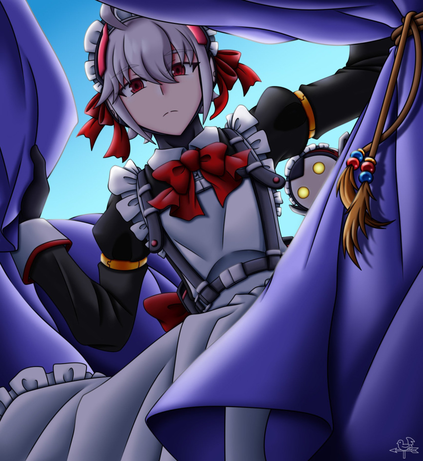 1boy, acura_(gunvolt), apron, azure_striker_gunvolt, azure_striker_gunvolt_2, black_dress, blue_background, cowboy_shot